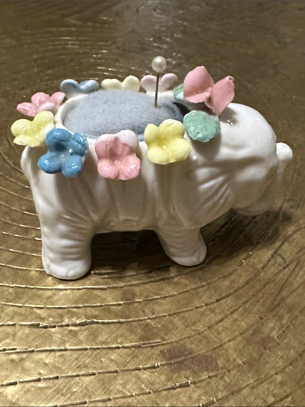 Vintage Porcelain Floral White Elephant Sewing Pin Holder
